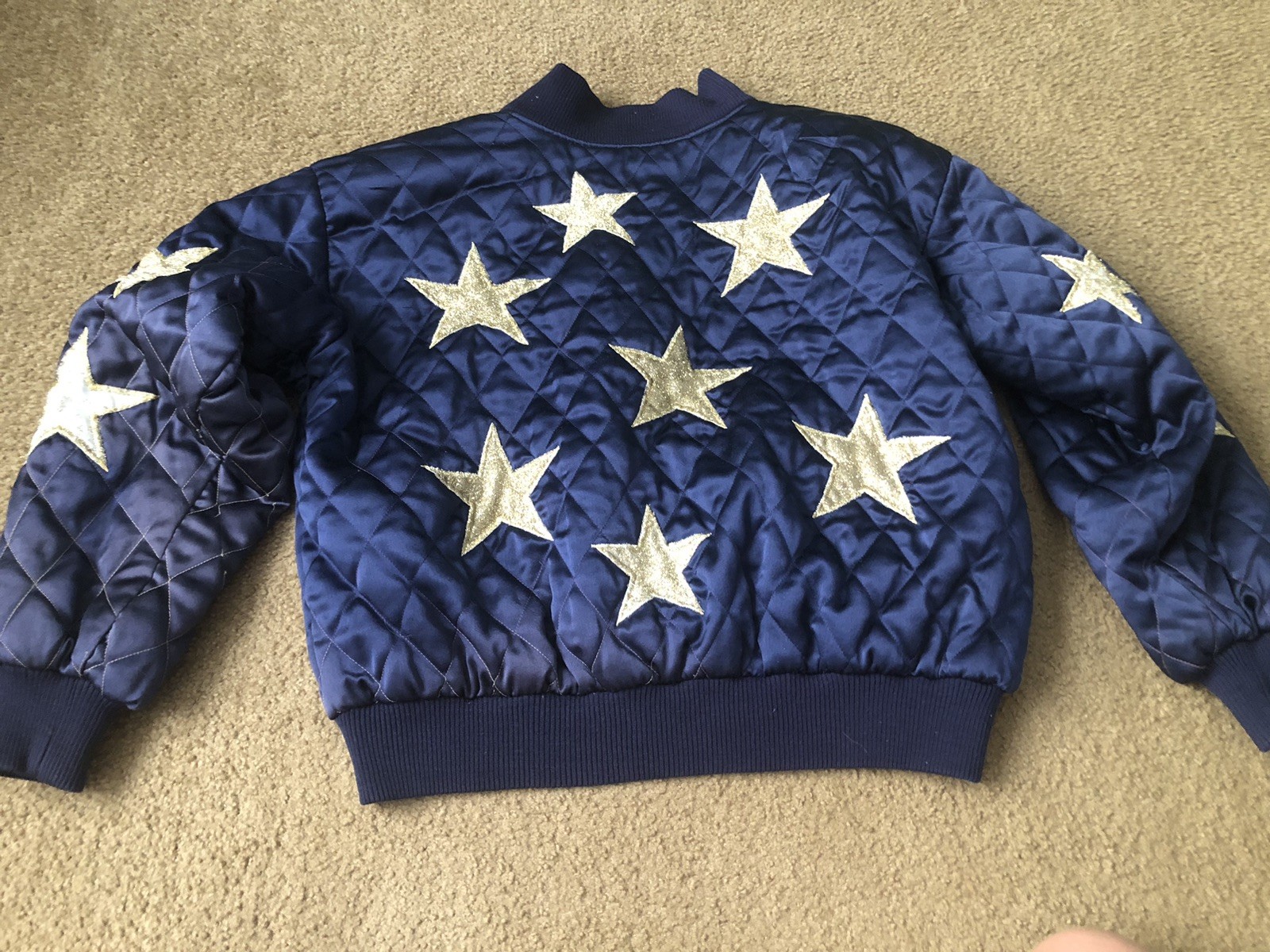 80s Satin Quilted Bomber Puffer Jacket Womens M? Embroidered Gold Stars READ