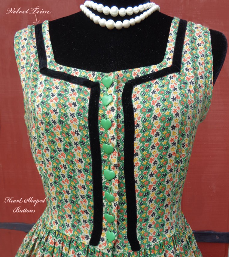 Vtg 50’s Sun Dress Cotton Voile – Black Velvet Trim & Heart Buttons