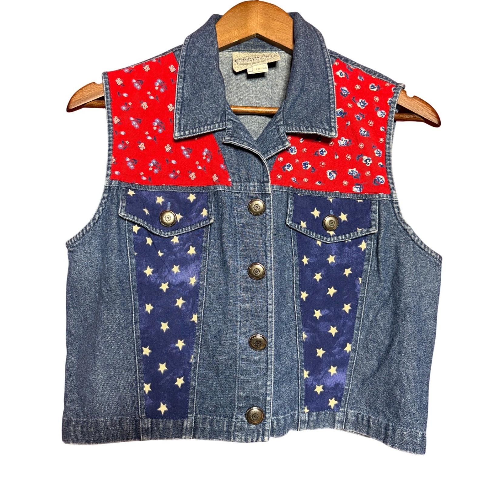 Vintage Stonebridge Petites Women Small Patriotic Blue Denim Vest Americana