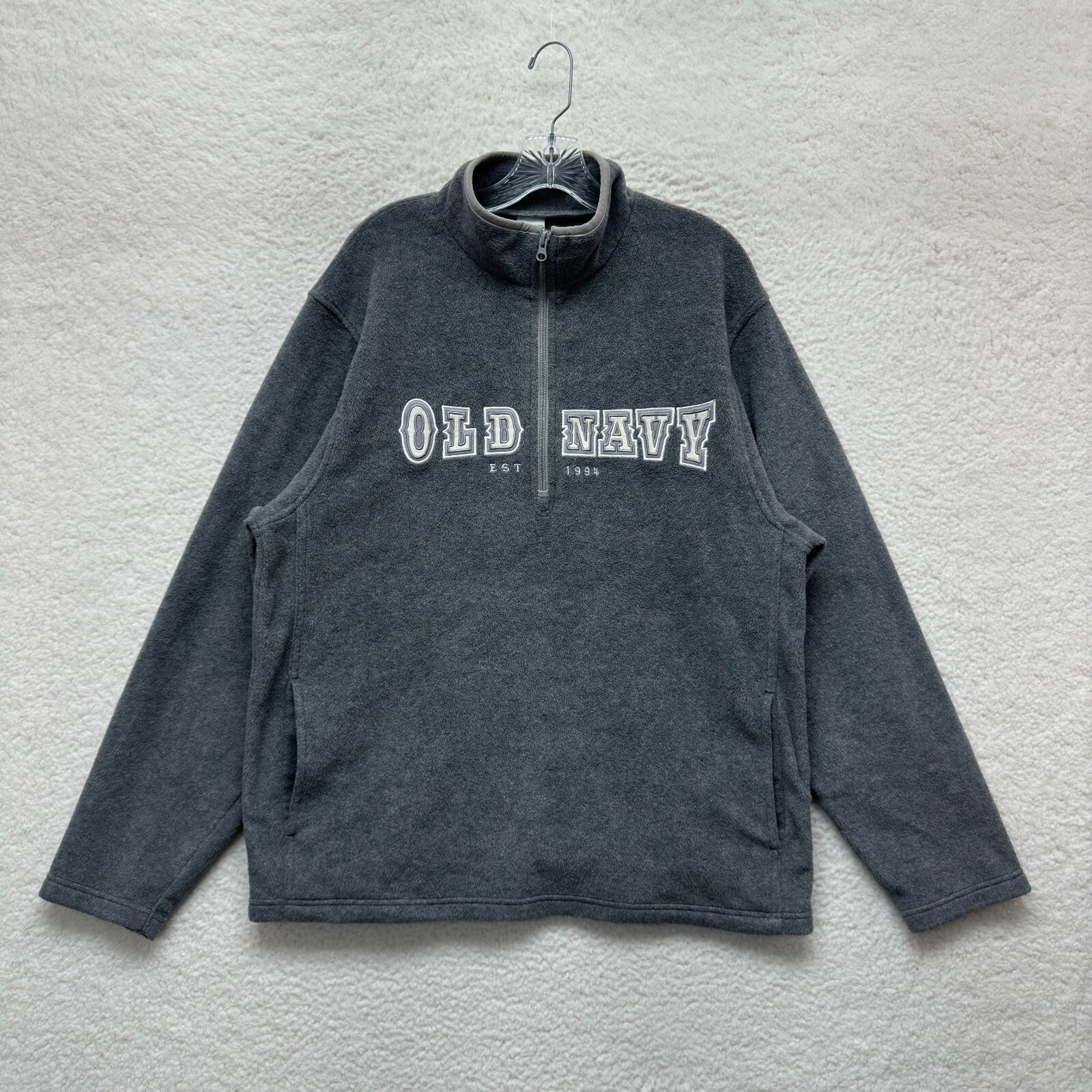 Y2K Vintage Old Navy Sweater XL Grey Fleece 1/4 Zip Spellout Logo Mock Neck