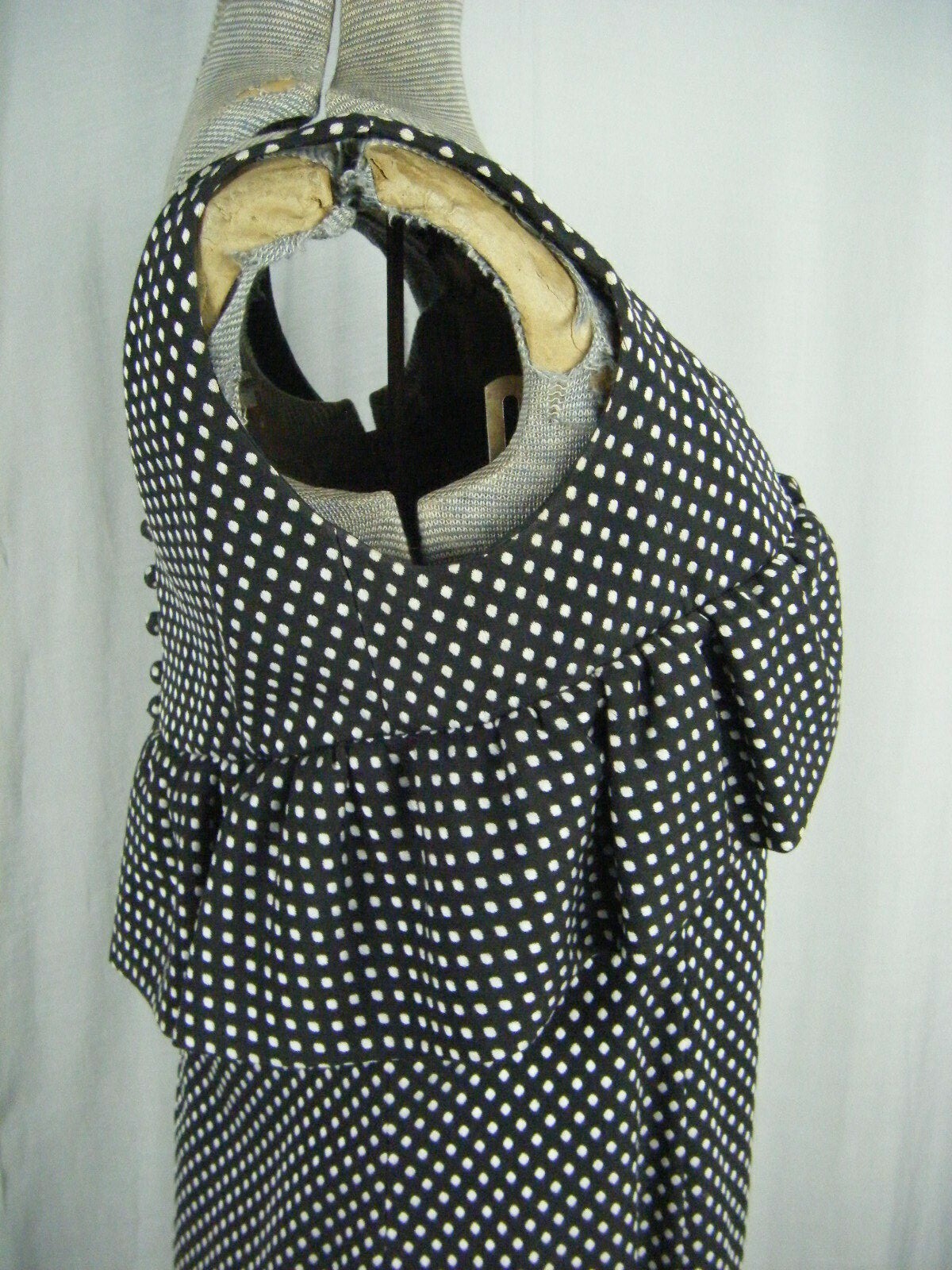 GEOFFREY BEENE Vtg 60-70s Designer Black/Grey Dots Ruffle Dress-Bust 37/XS-S