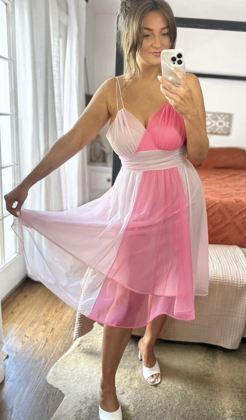 Vintage 50’s 60’s Size Medium 100% Nylon Pink Colorblock Midi Dress
