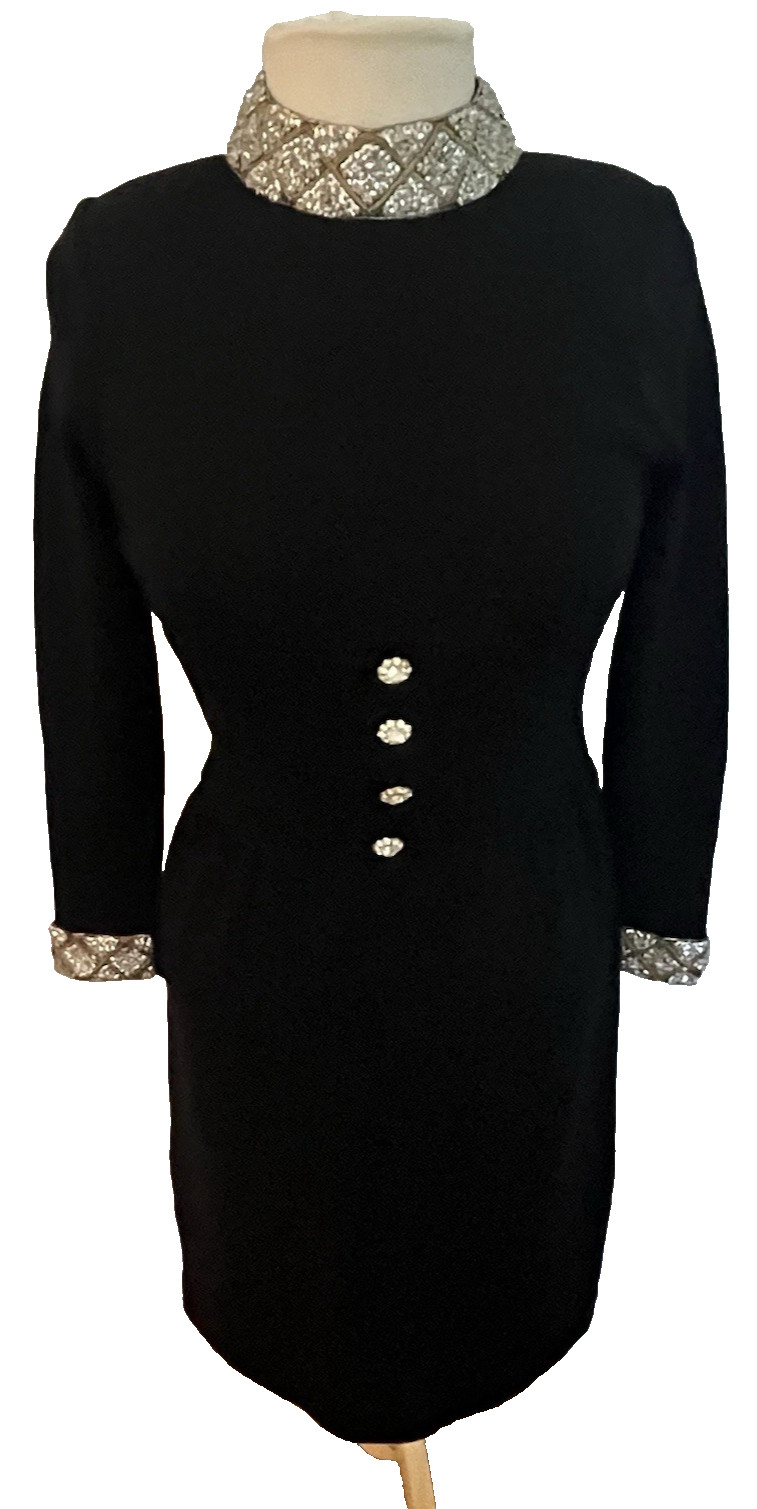 VTG 80’s Cocktail Dress Black Wool Knit Sz 2 DON SAYRES For Wellmore Embellished
