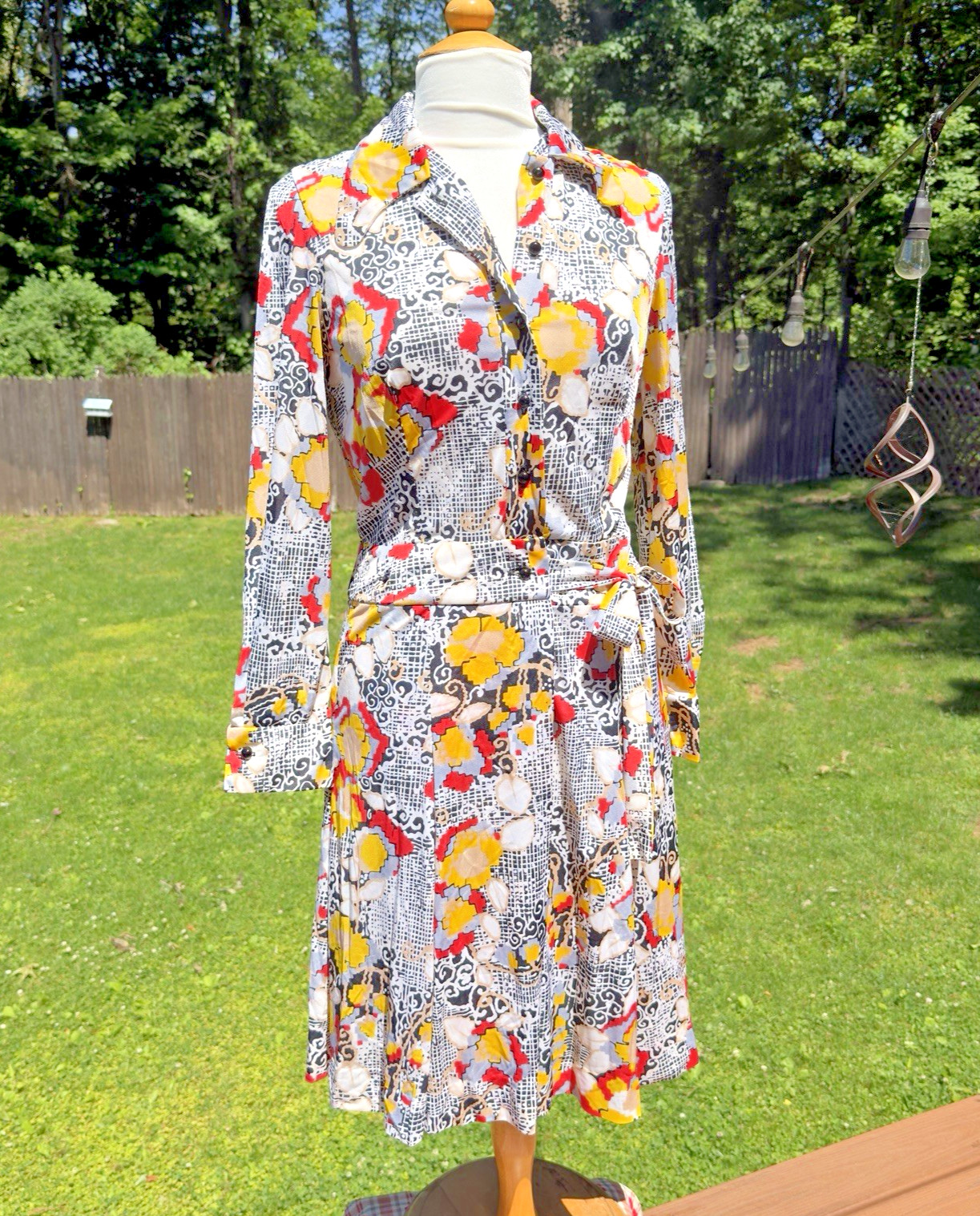 VTG 70s Plymouth New York Wrap Dress Geometric Print Belted Disco Midi Small