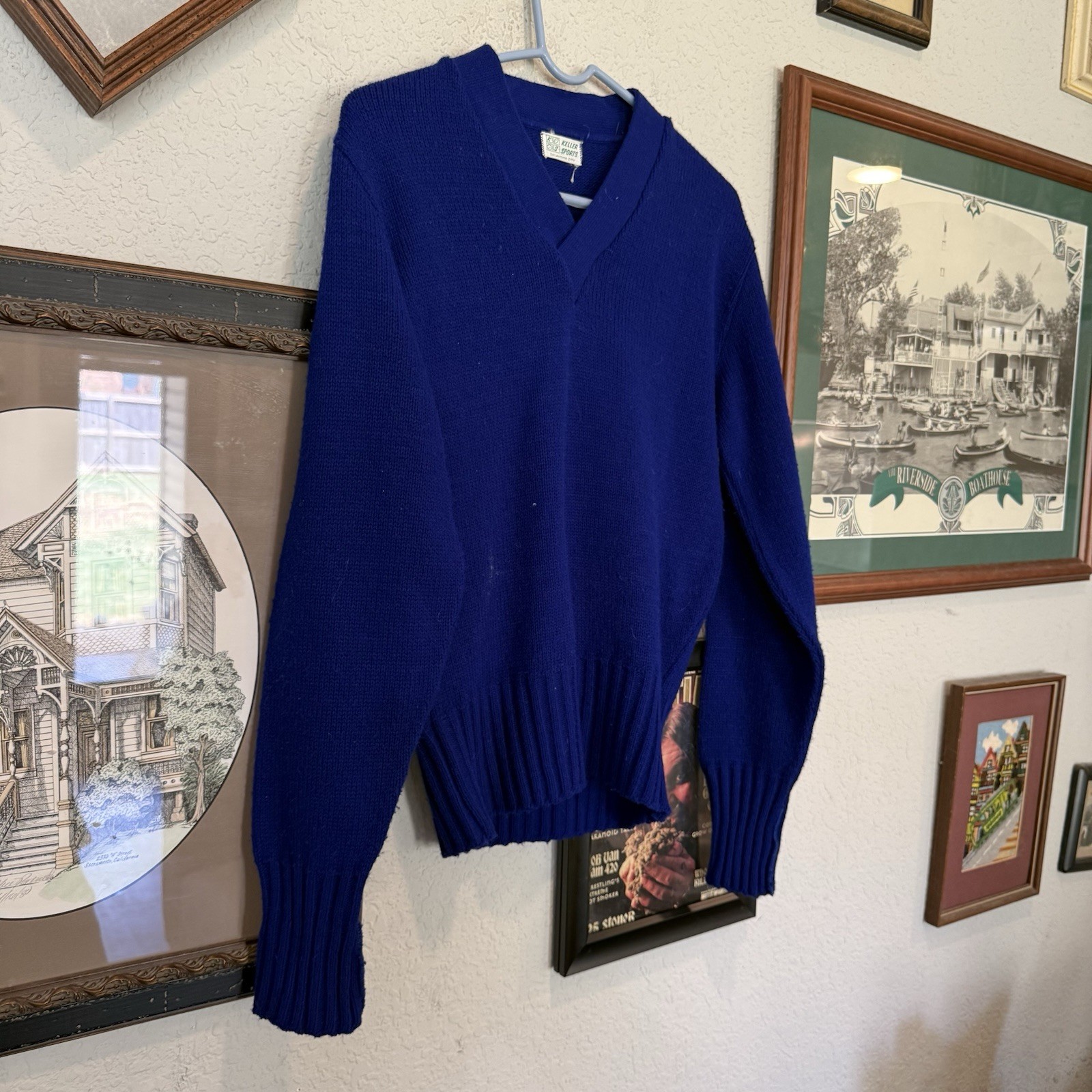 Vintage 50s/60s RARE Keller Sports OKC Blue Wool Cheer Knit Sweater Size Medium