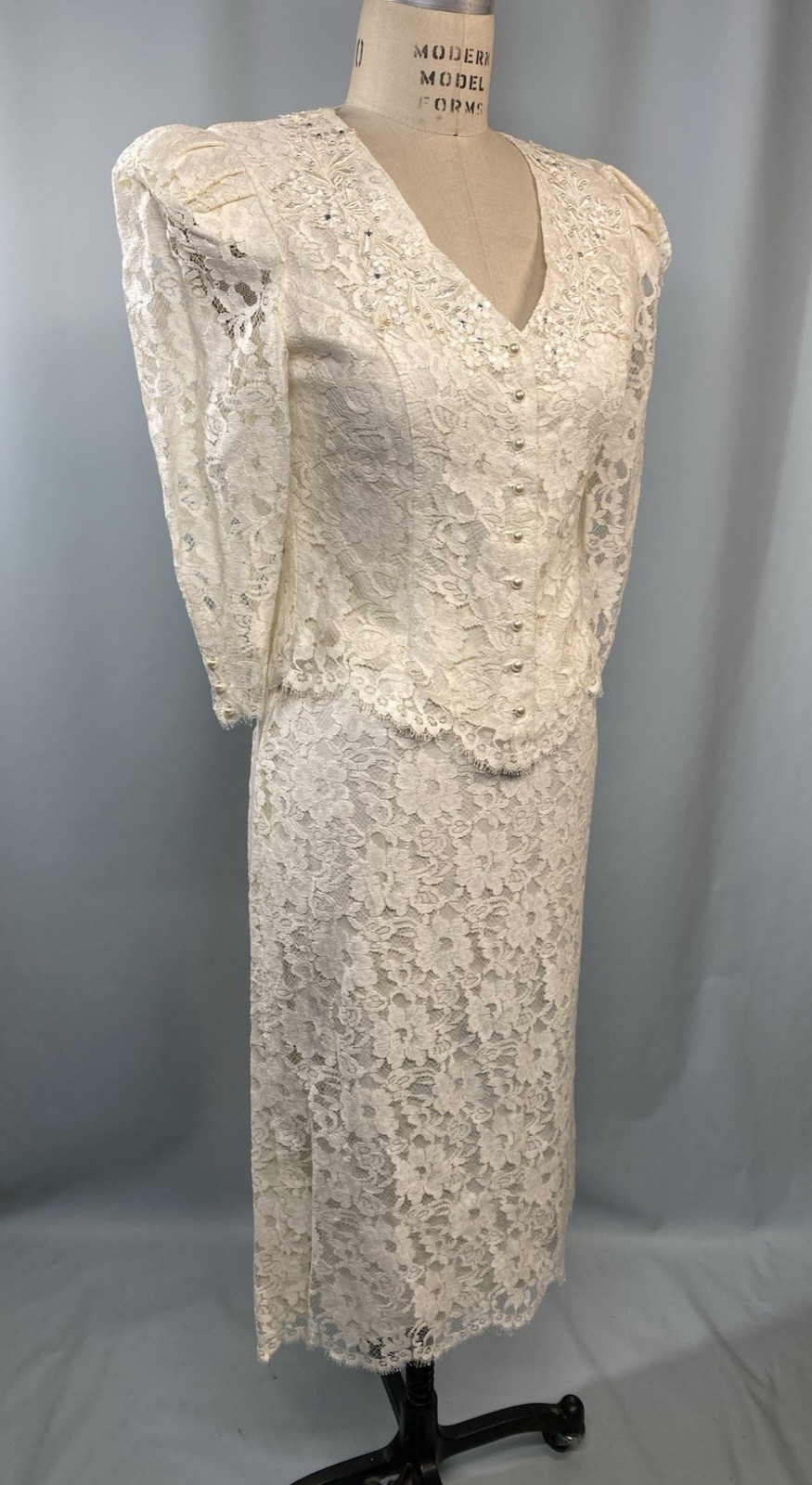 Vintage Skirt & top set SIZE SMALL 9/10 Ivory white lace wedding CACHET 80s 90s