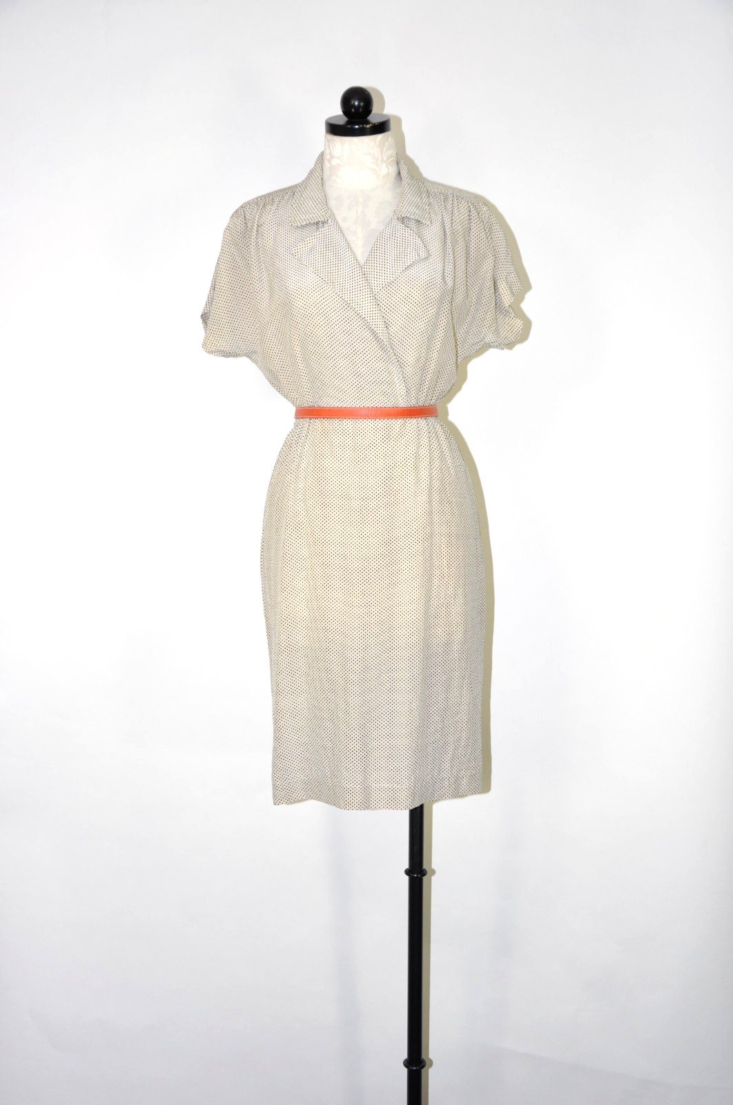 80s Vintage White Black Polka Dot Silk Short Sleeves Wrap Shirtdress Women S