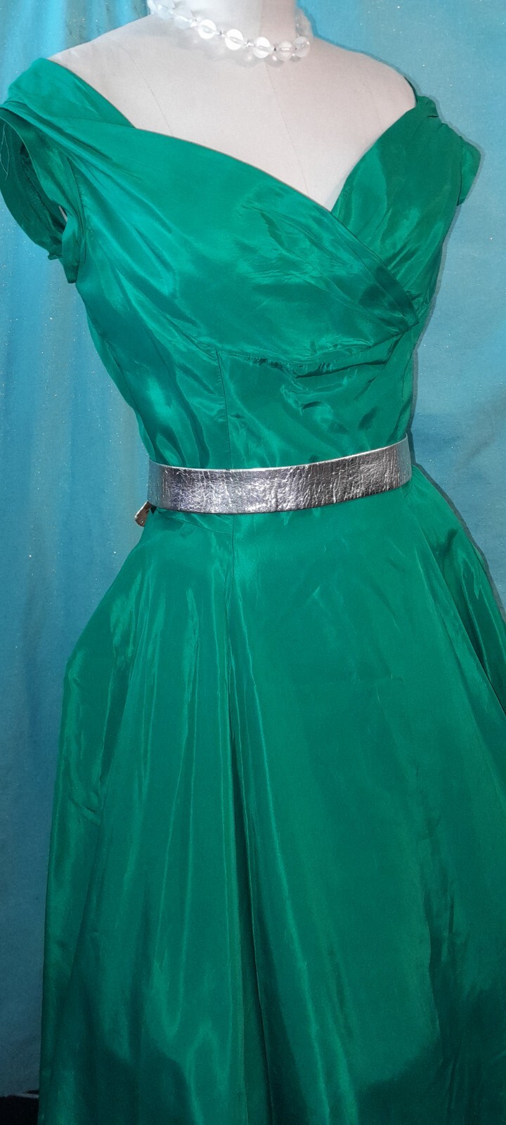Vtg 50s Harry Keiser GREEN Fit Flare Taffeta Off Shoulder Party Cocktail Dress S