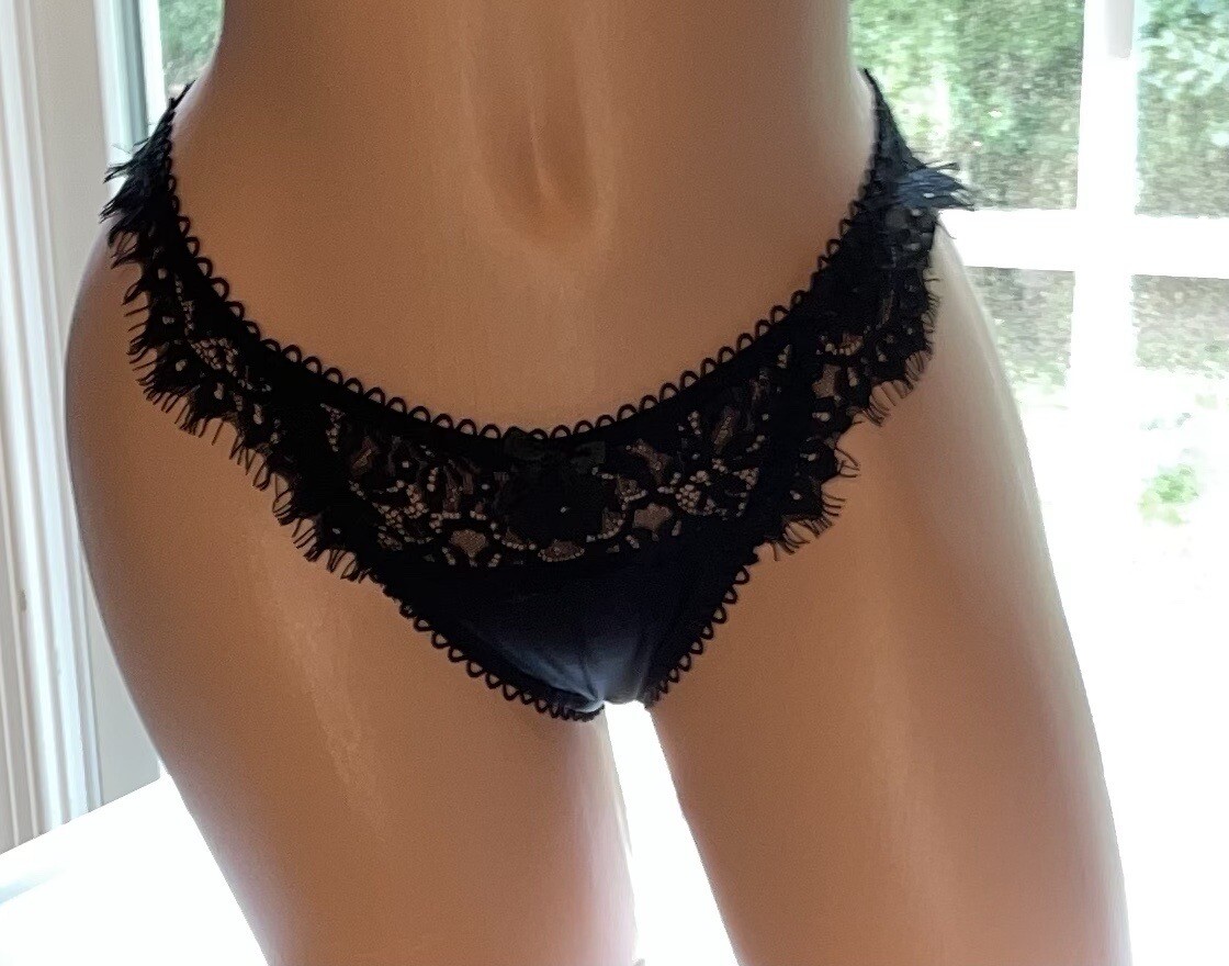 Lot of 3 Black Shiny Satin Glossy Lace Fringe Thong Panties Womens L New