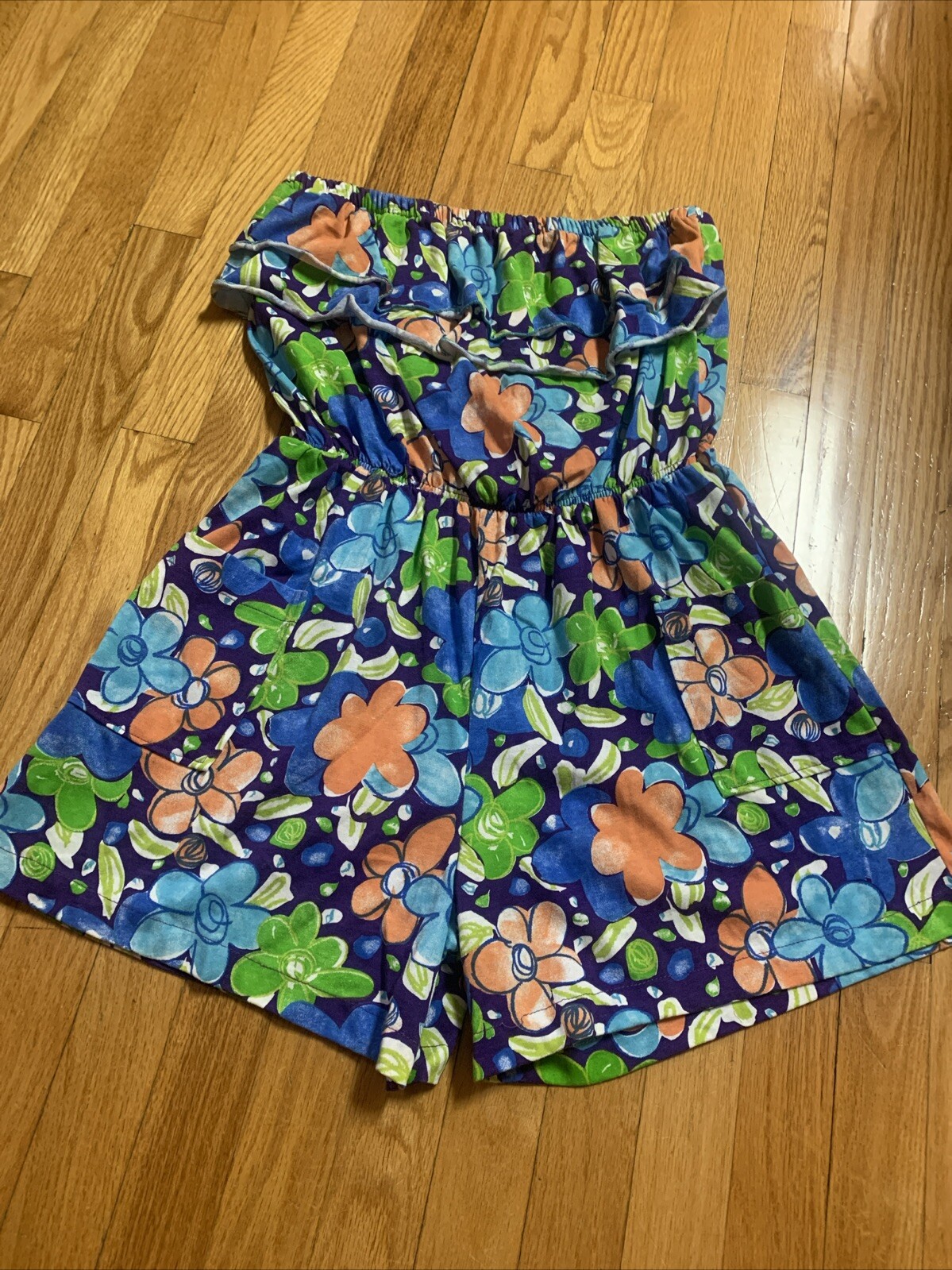 Vtg 80’s Romper Shorts STRAPLESS FLORAL Cotton Beach