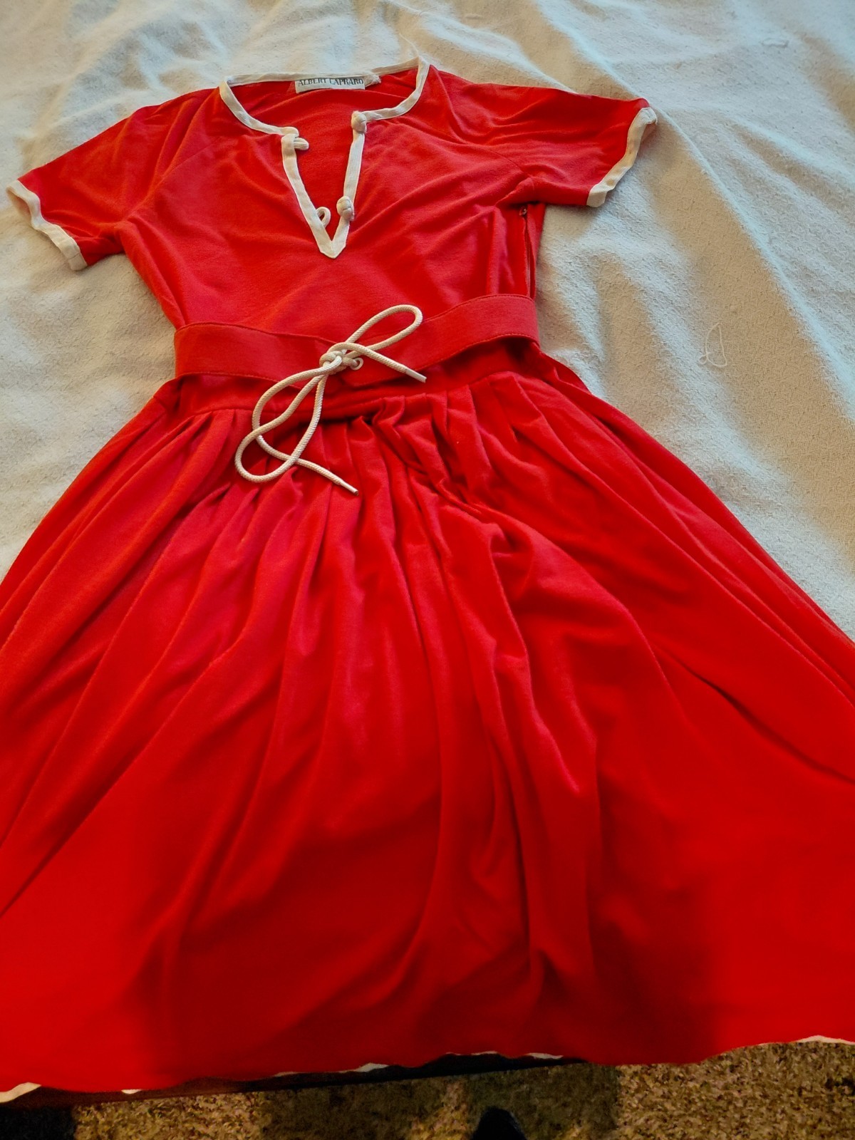 Vintage 70s 80s Albert Capraro Red-Orange Jersey Pleated Belt Dress Sz 4 Small