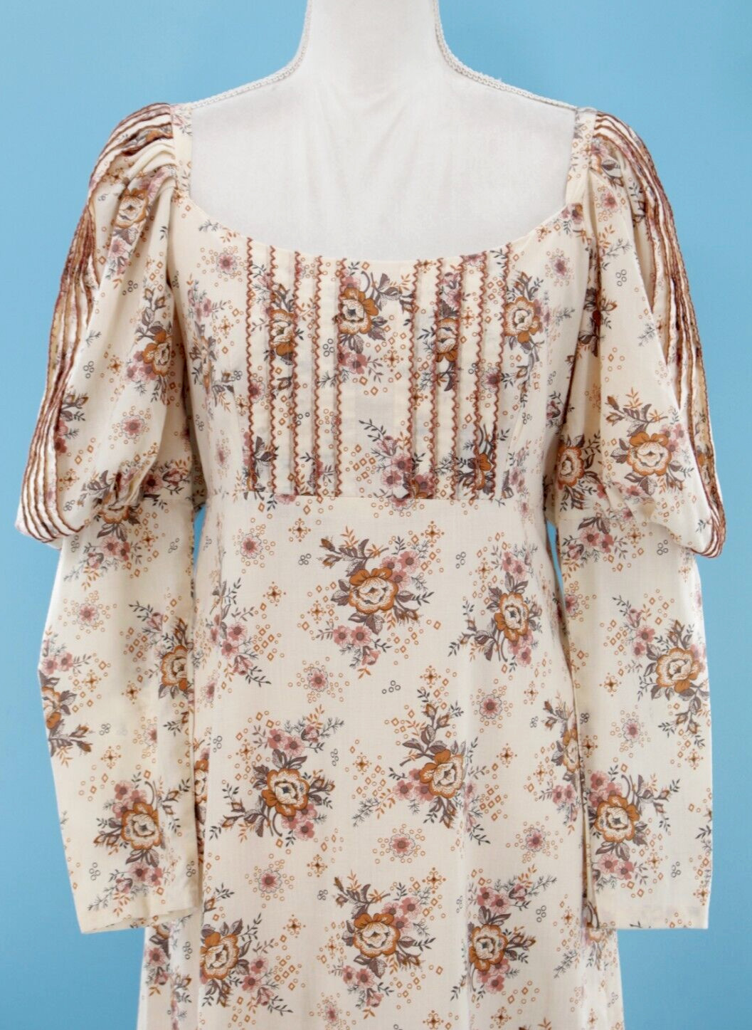 Vtg Women’s 70s Cream & Brown Floral Prairie Maxi Dress XS/S 1970s Cotton Quad