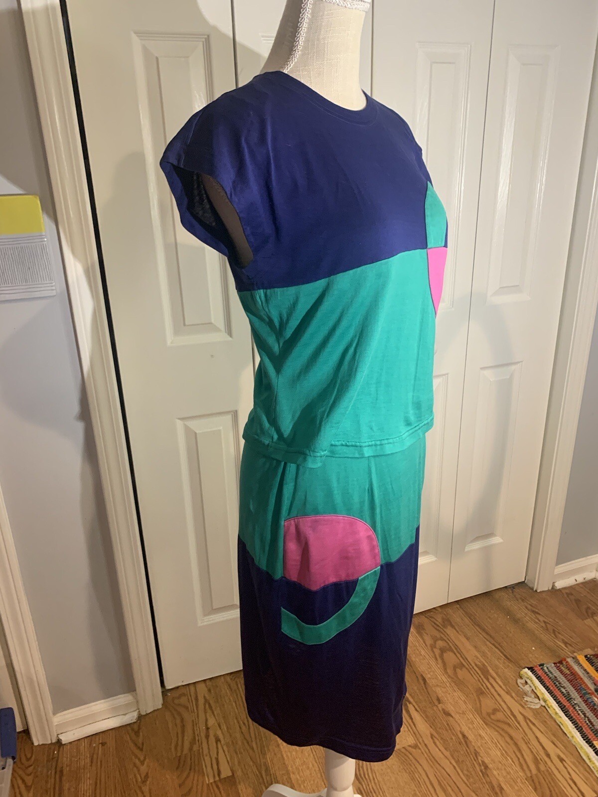 Vintage 80’s Blue Teal Pink Color Block Blouse & Skirt Set Size 6 Slim Bright