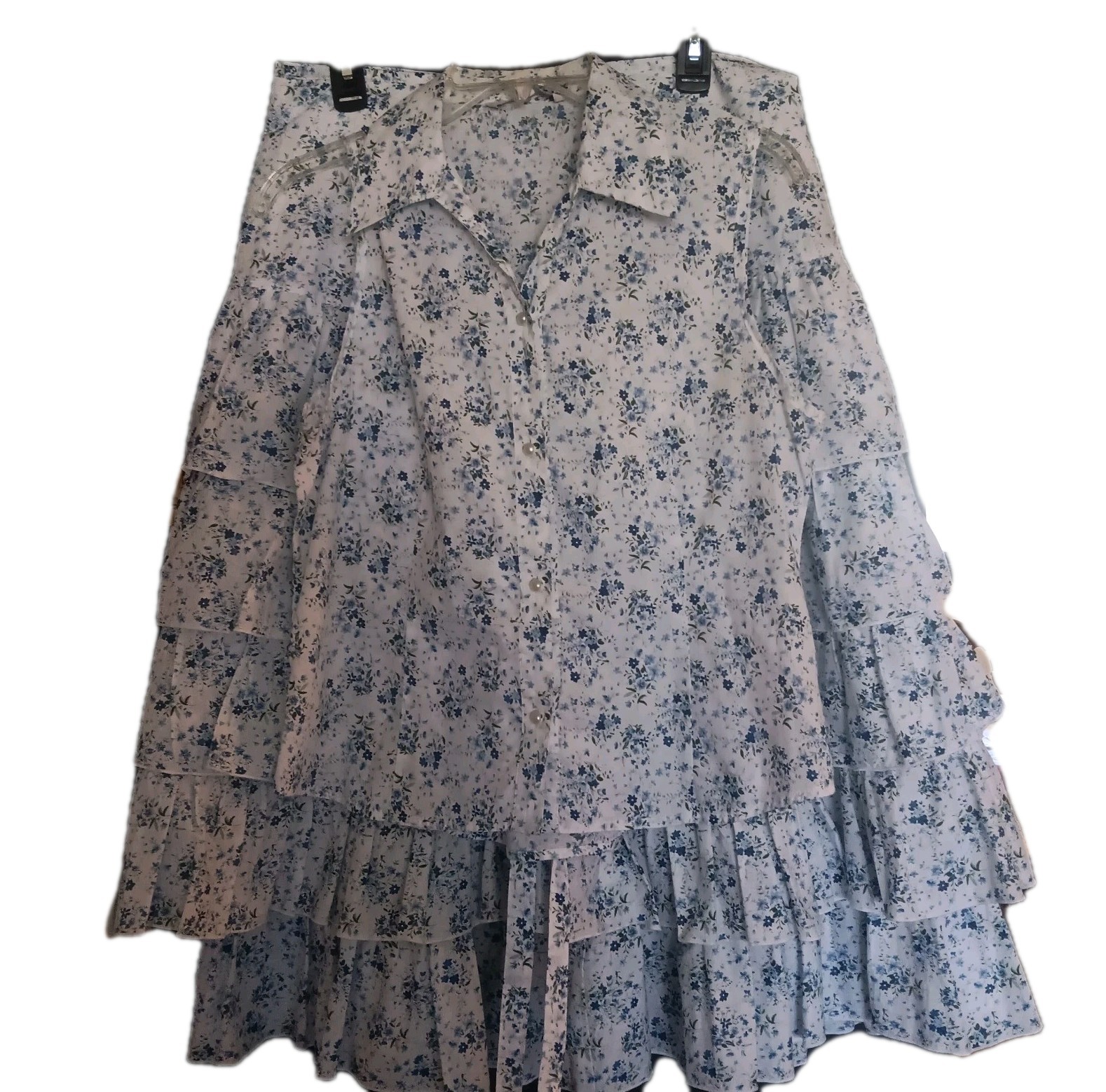 Vintage Blue FLORAL Prairie Ruffled Cottage Skirt Blouse Mary Kimberly M/L