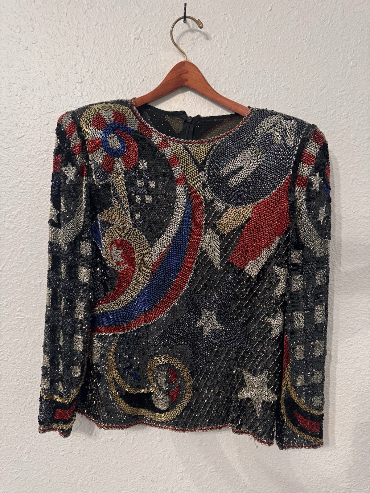 Vintage 80s Beaded Sequin Top Small Abstract Celestial Statement Shoulder Pads