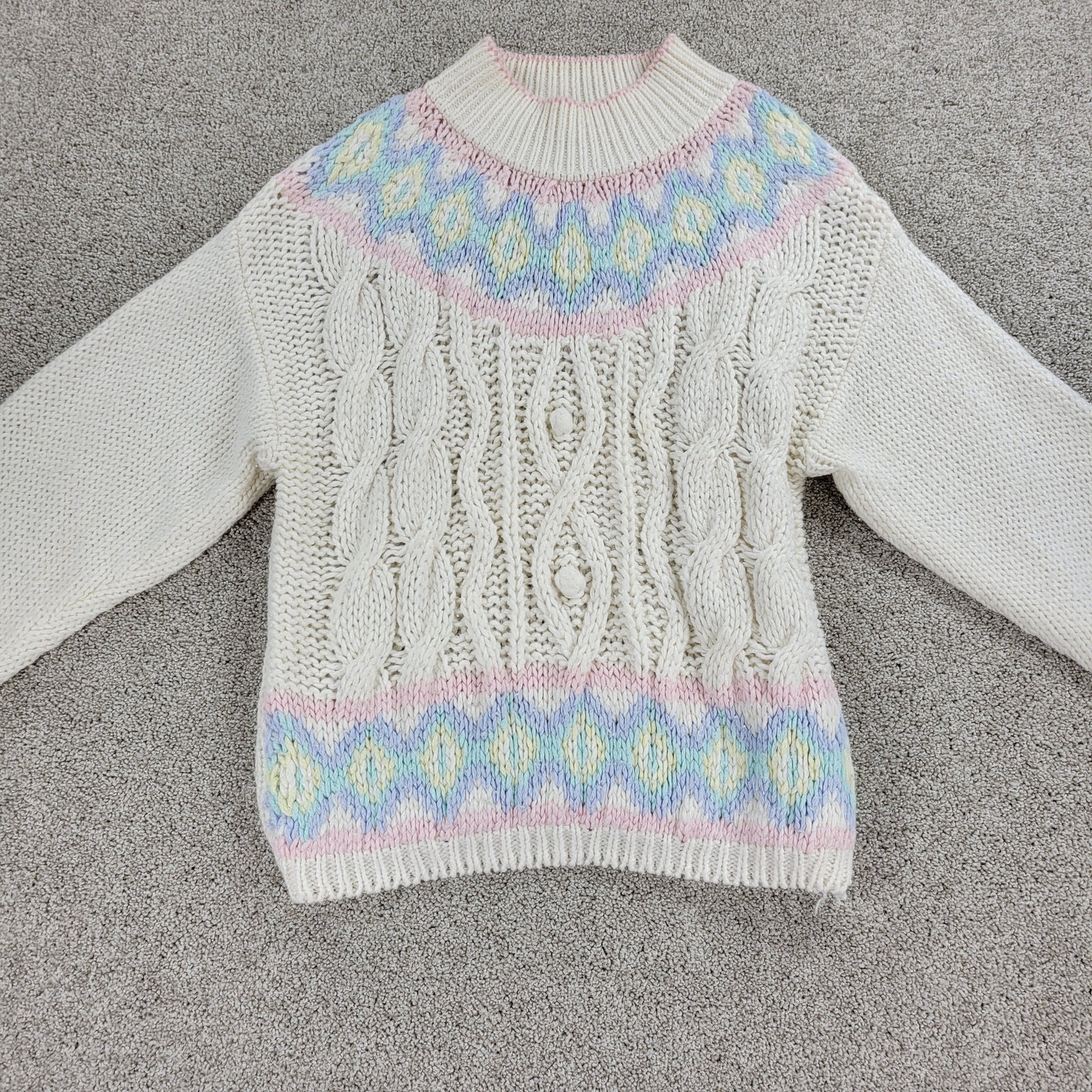 VTG Jamie Scott Sweater Womens L Cream Hand Knit Pastel Ramie Mock Neck 80s