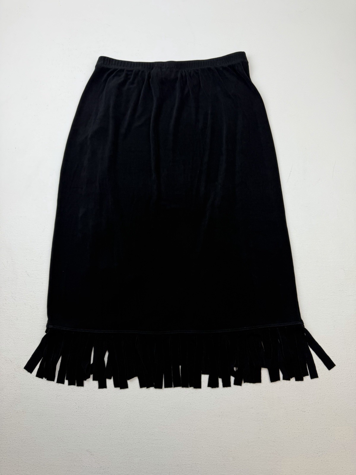 Vtg Chico’s Travelers Black Fringe Faux Wrap Midi Skirt Sz 1 Western Slinky Knit