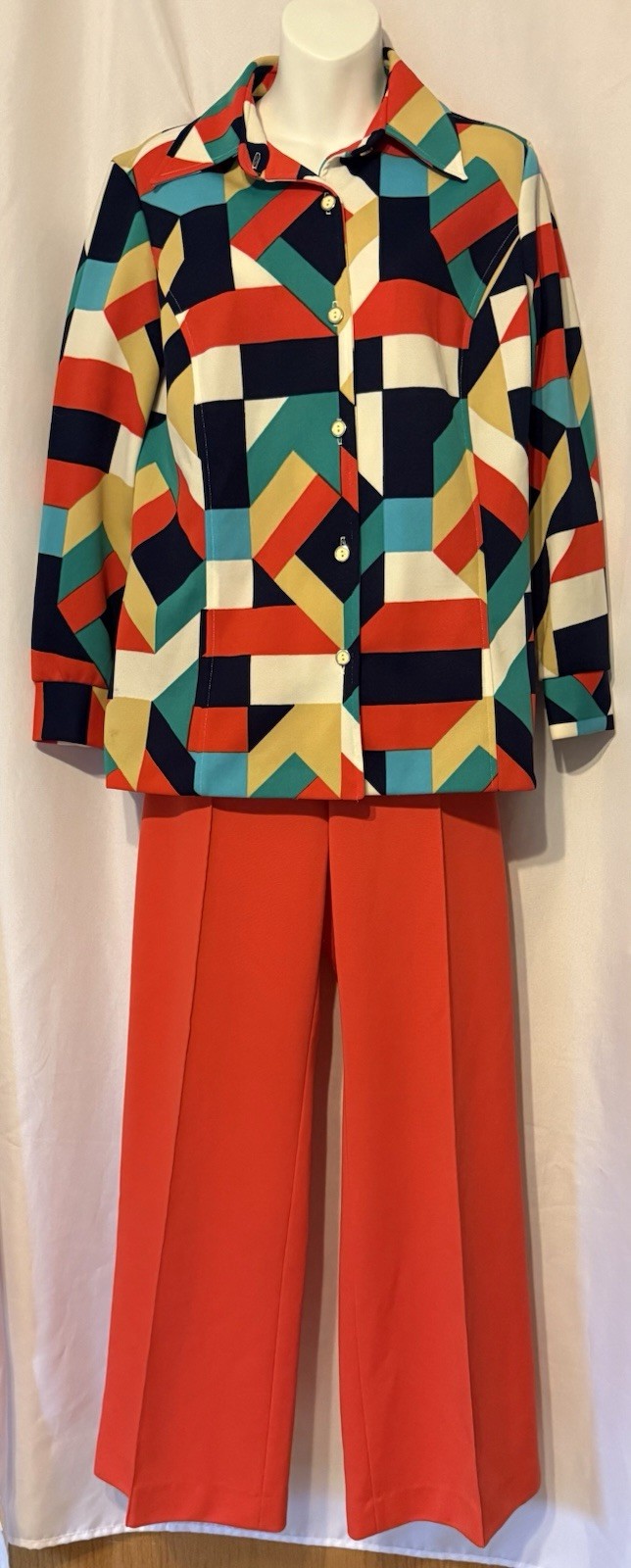 RARE Vtg 70’s 2 Pc Alex Coleman Suit Geometric Print Top Orange Pants Sz Sm
