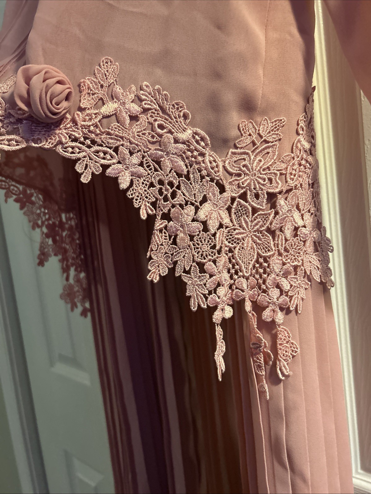 Vtg 80s In The Mood Pink Drop Waist Dress Lace Rosettes Pleated Size 14 Romantic
