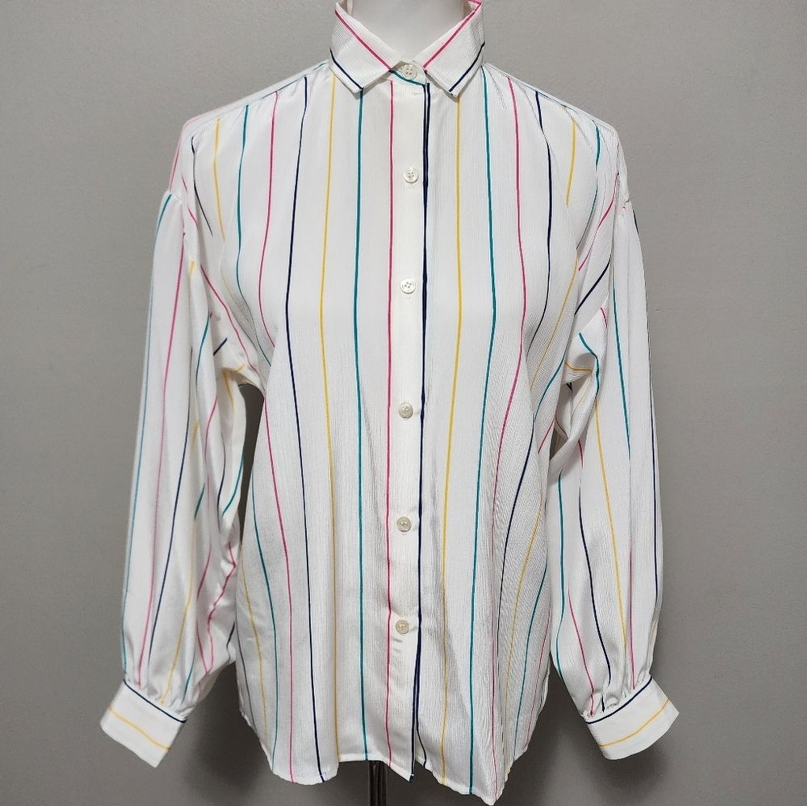 Vintage John Meyer Deadstock 80s White Multicolored Striped Button Down Size 8