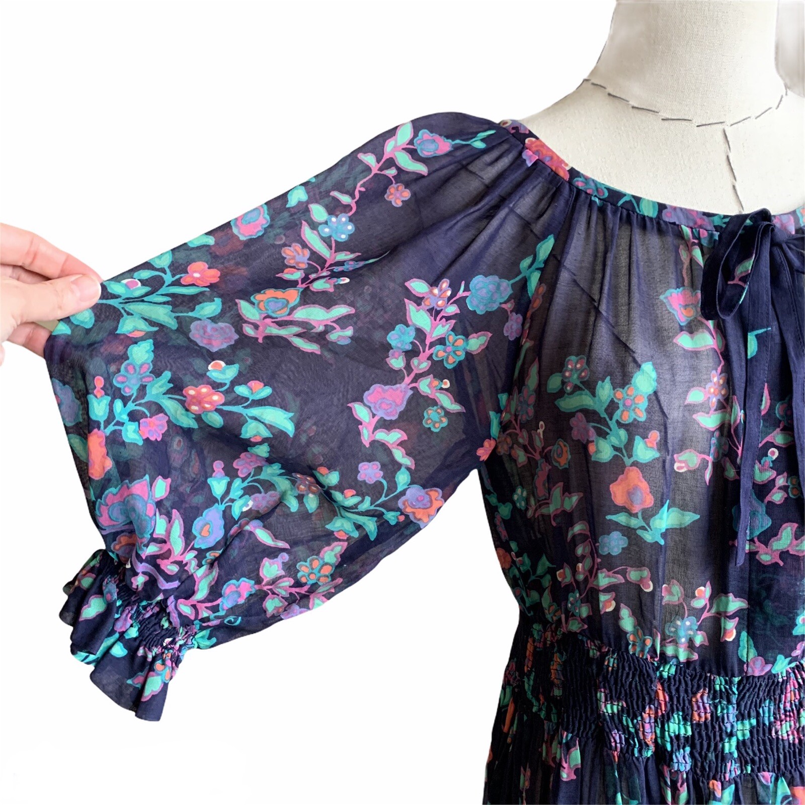 Vintage 70s Ted Lapidus Boutique Floral Day Dress Puff Sleeve Peasant Boho Sm