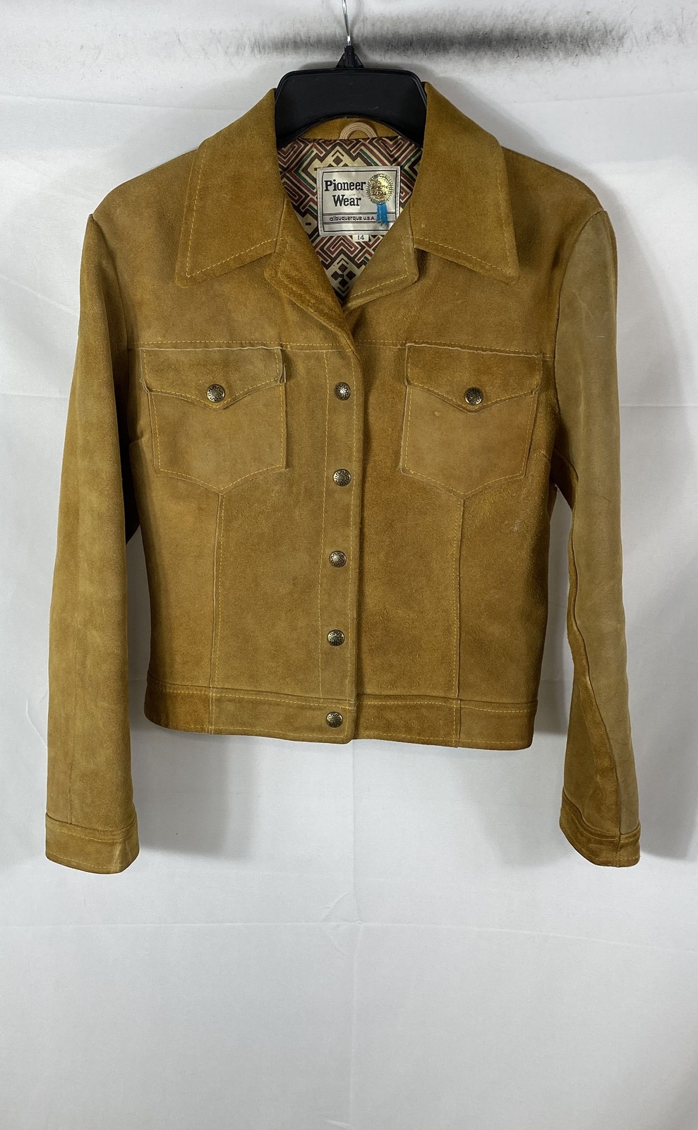 Vintage 70s Pioneer Wear Suede Jacket Western Trucker Made in USA Aztec Sz 14