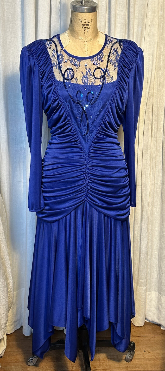 Vintage Filigree Womens Cobalt Blue Jersey/Lace Event /Dance Dress Sz 16 used