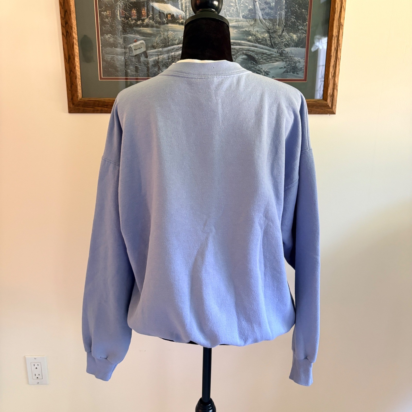 Morning Sun Cat Graphic Sweatshirt Women Large Blue Vintage 90s Glitter Pullover