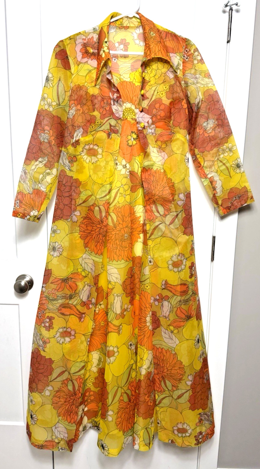Vtg 60’S Groovy Orange Yellow Sheer Floral Maxi Dress Stiff Chiffon Long Jacket