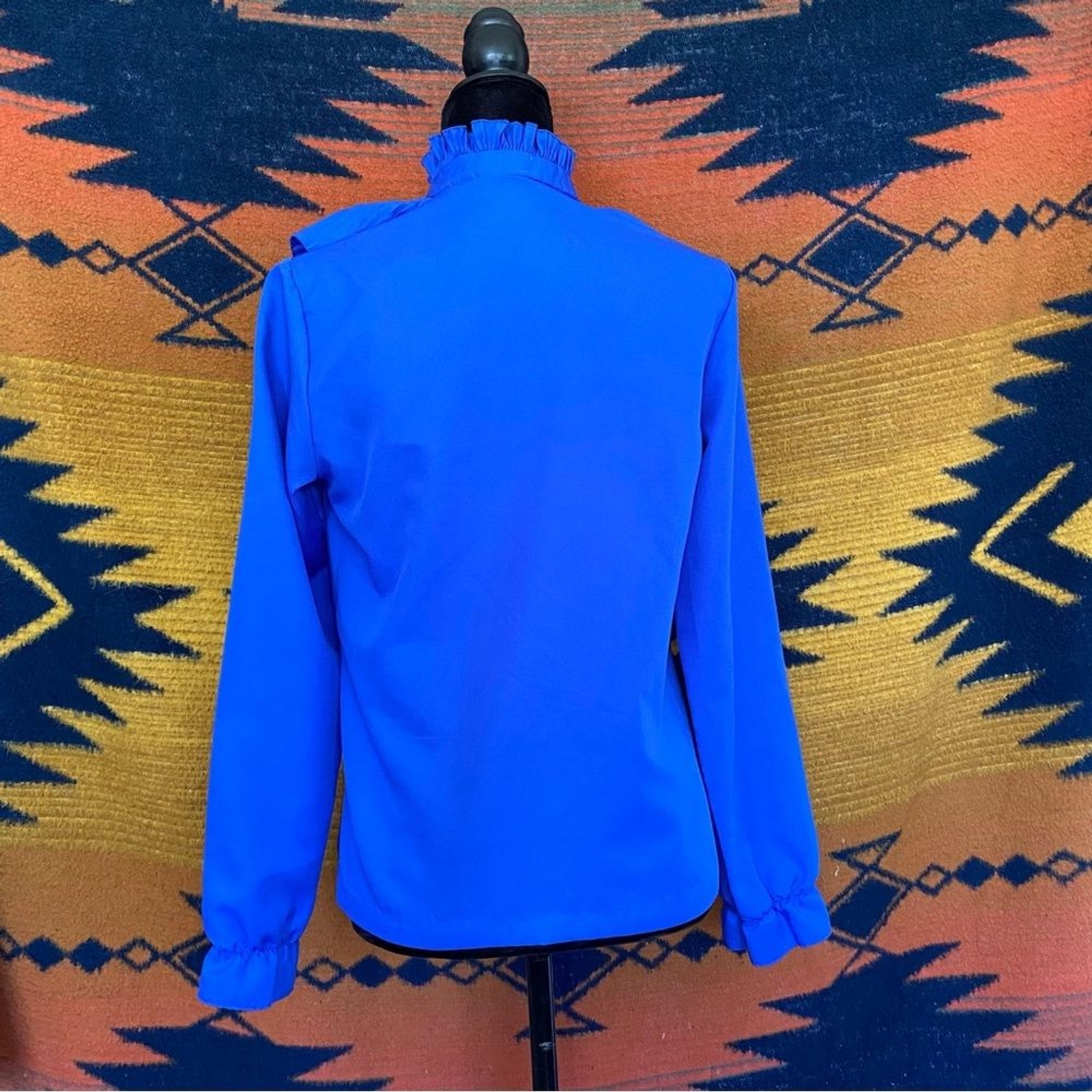 Vintage Shirley of Atlanta poly Royal Blue Ruffled button up blouse. USA. Med.