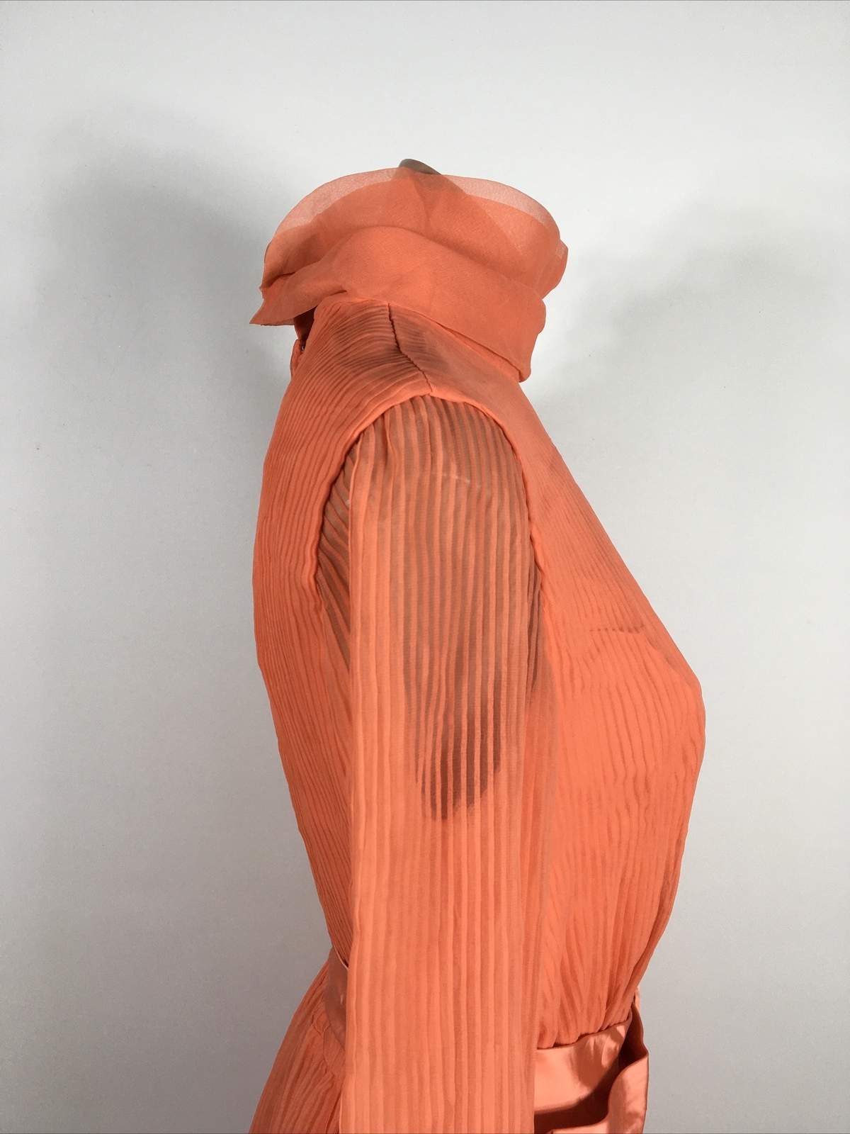 Miss Elliette Coral Illusion Sleeve High Collar Pleated Vtg 60’s Gown Dress