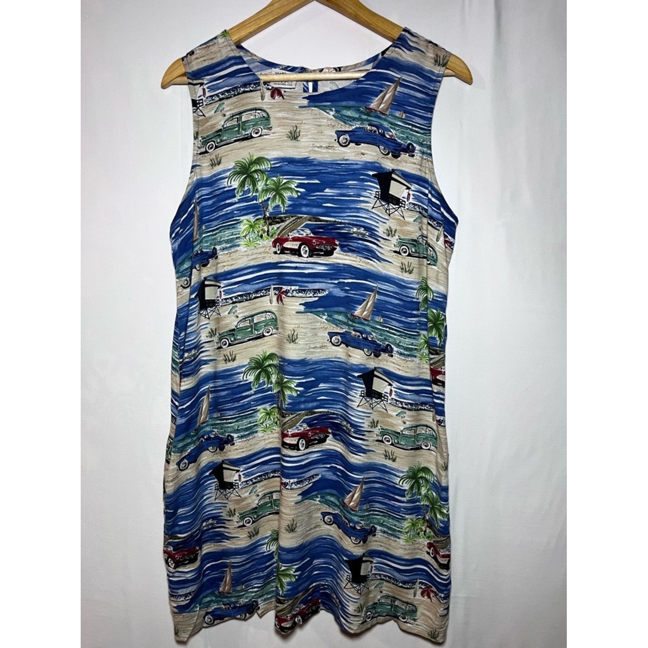 Vintage Weekend Clothes Line Beach Print Mini Dress XL Coastal Retro Vacation