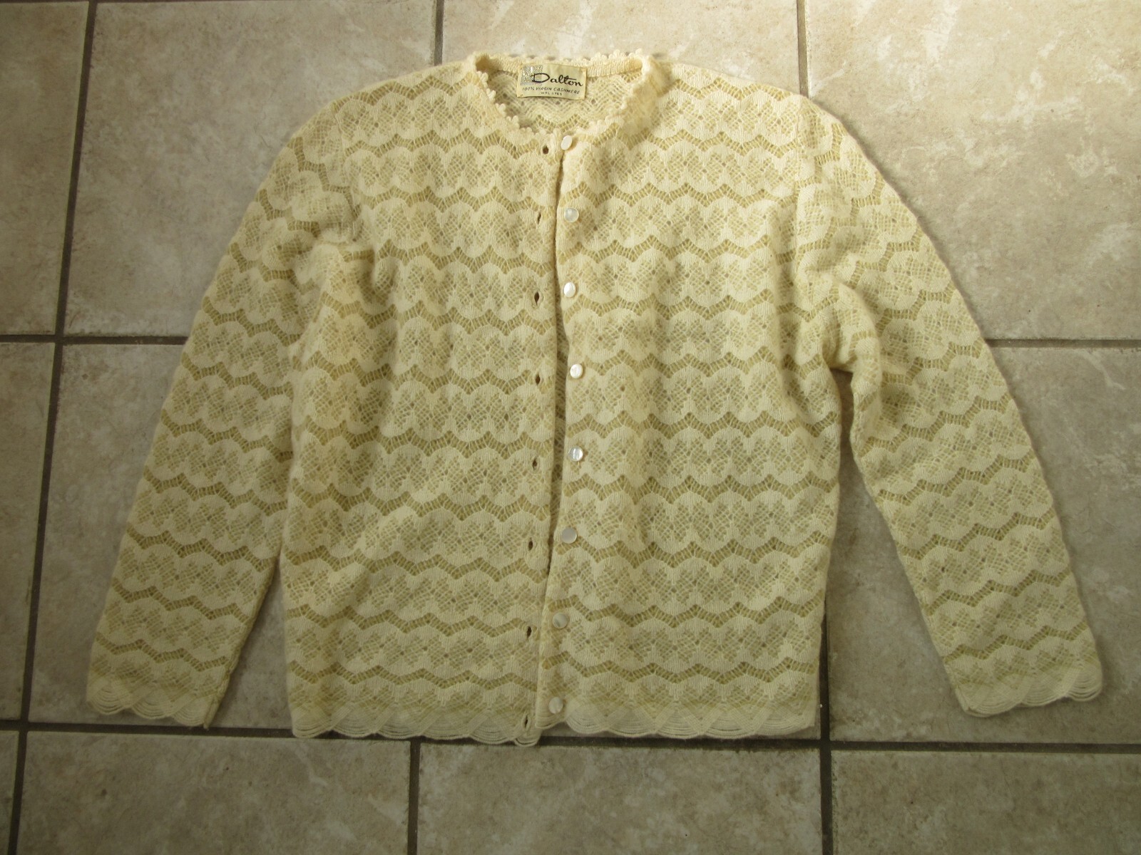 VTG Crochet Dalton Ivory 100% Virgin Cashmere Sweater Sz S / EVC
