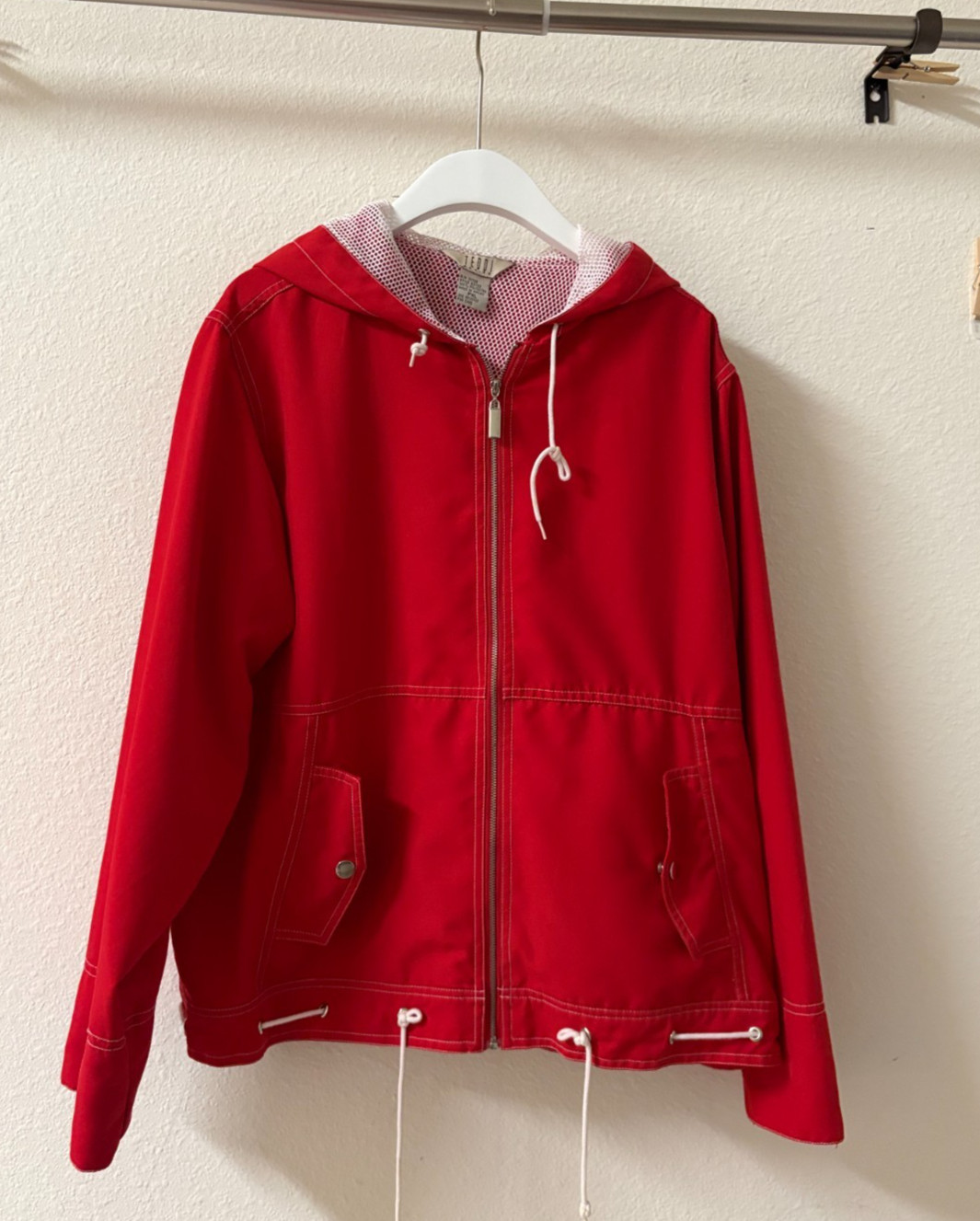 Vintage 1990s Teddi Red Hooded Rain Jacket Zip Coat Women’s XL Lightweight