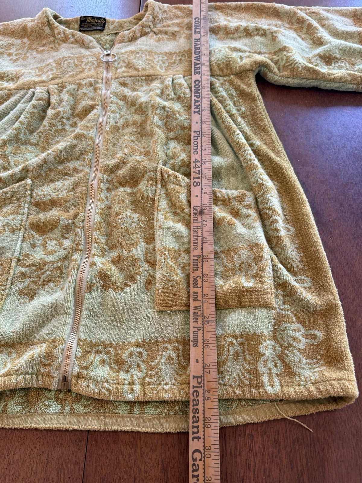 Vintage Her Majesty Green Cover Up Robe Terry Pockets 3/4 Sleeves Zip Up