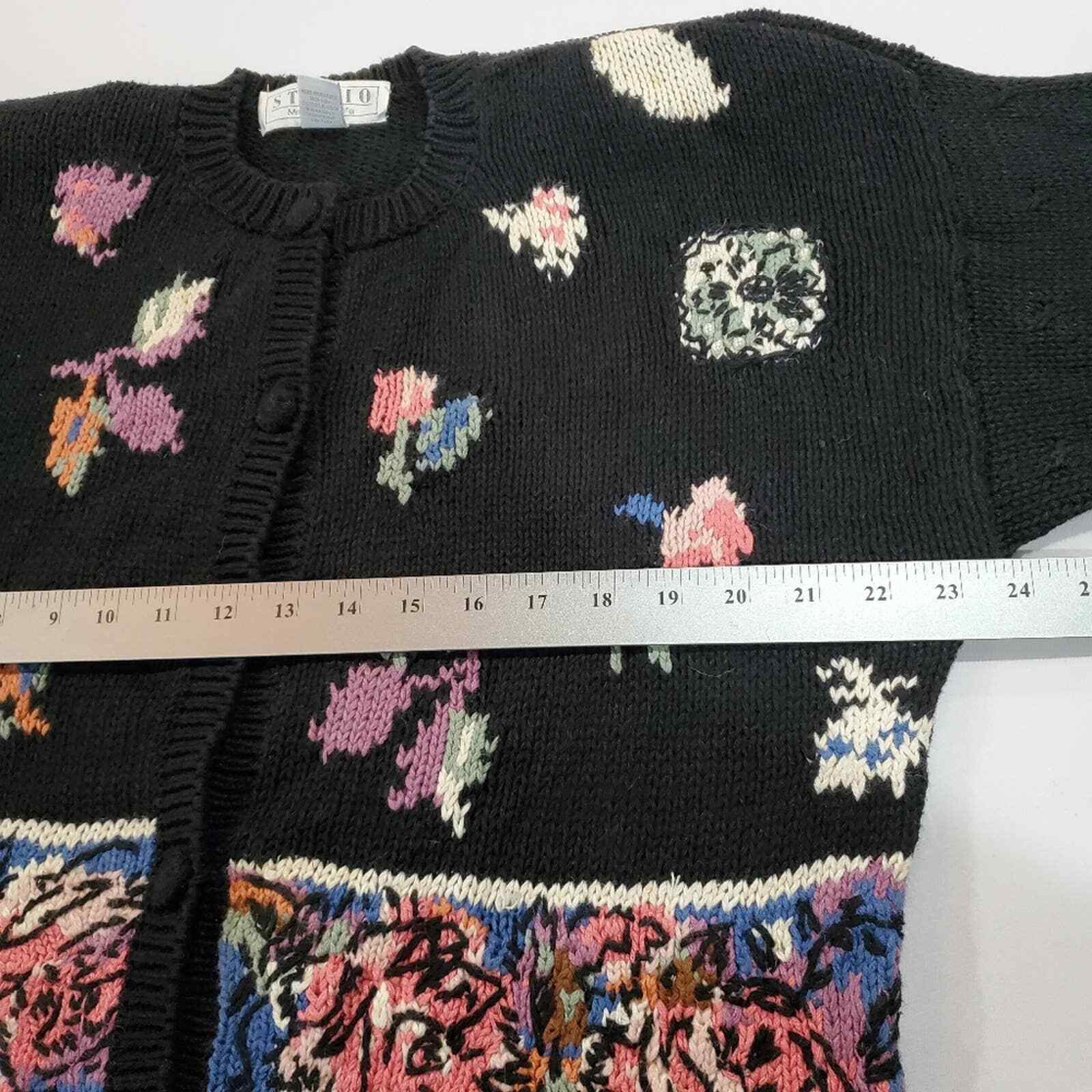 Michelle Stuart Studio Vintage 90’s Black Floral Knit Cardigan Size Large