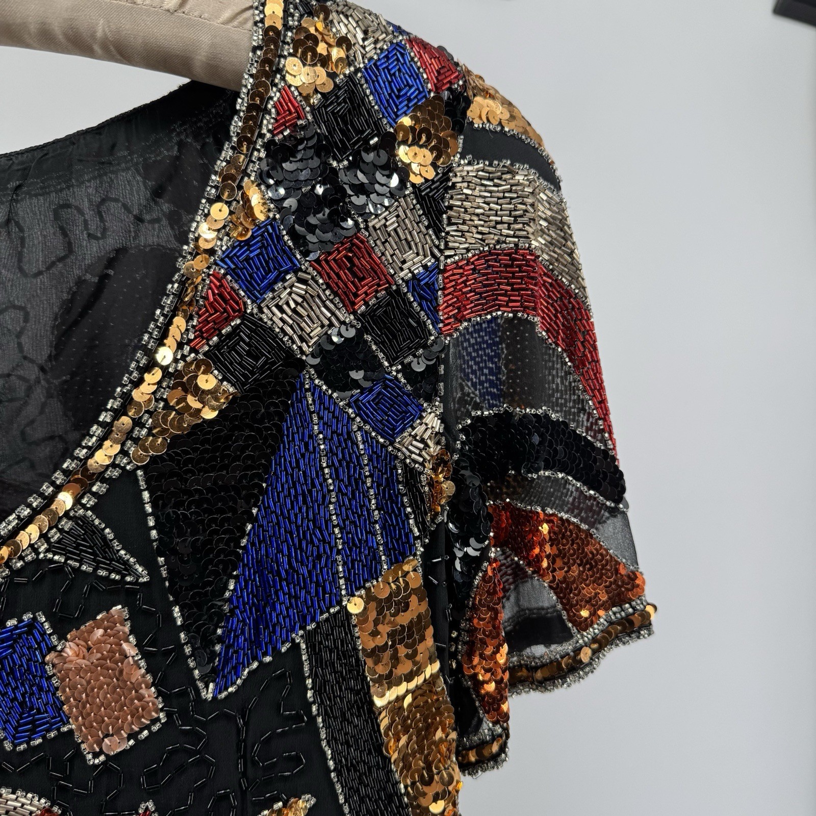 Night Line Laurence Kazar Beaded Sequin Dress 12 VTG 80’s Silk Celestial Art