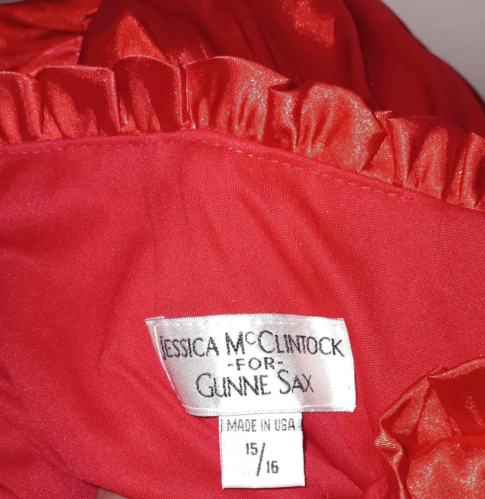 VTG Jessica McClintock Gunne Sax Red Satin Dress Moulin Rouge 1990s Prom Ruffled