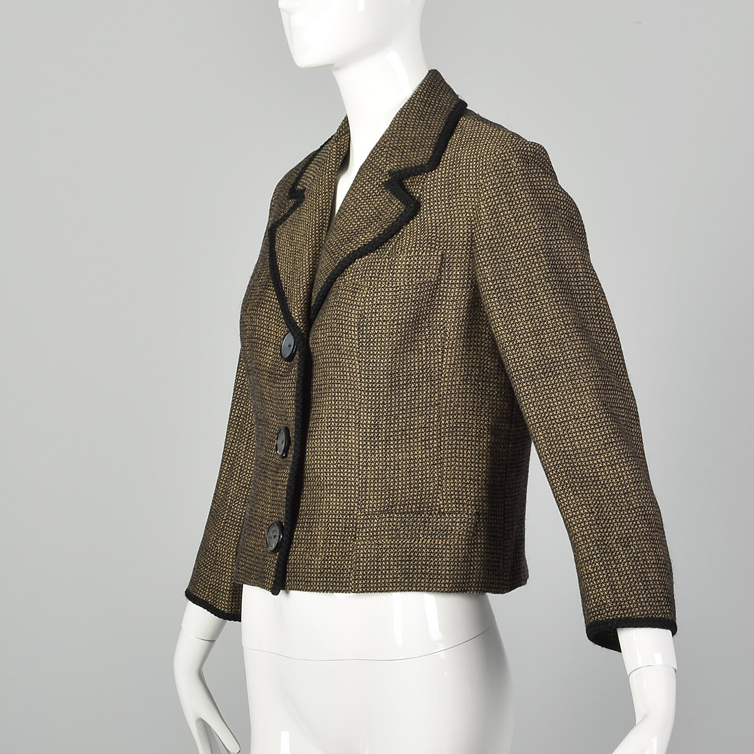 L 1960s Brown Jacket Boxy Tweed Black Trim 3/4 Sleeve Lightweight Blazer 60s VTG