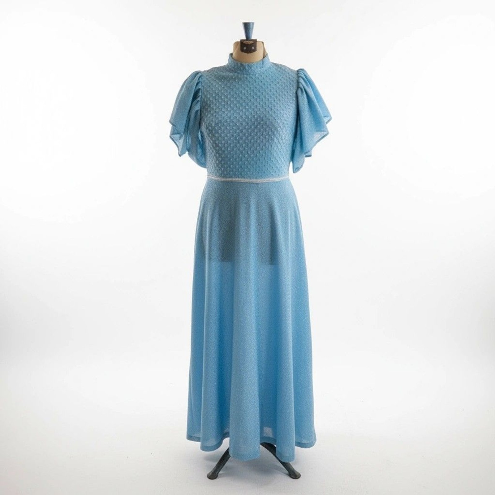 Vintage 60s Lurex Metallic Blue Maxi Disco Puffed Sleeves Transparent Size Small
