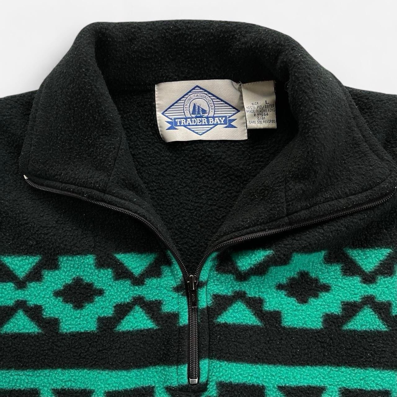Vintage Trader Bay Black Green Aztec Collared Half Zip Fleece Pullover Sweater