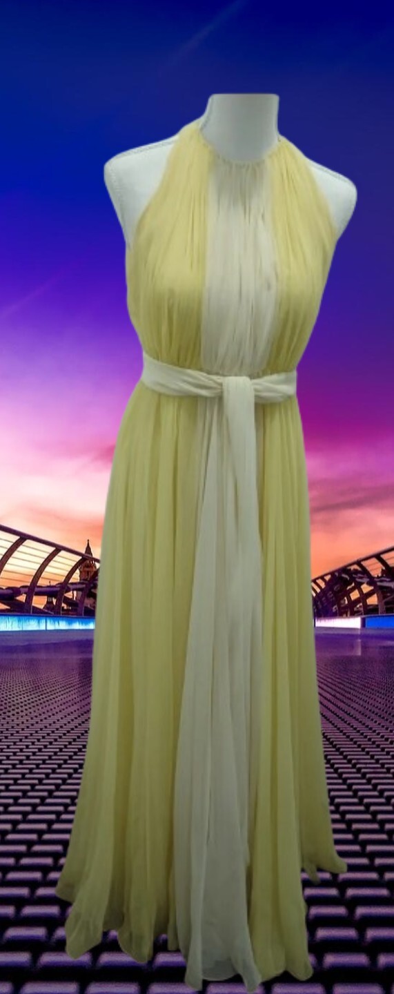 Vintage Kiki Hart NY Two Tone Yellow Chiffon Gown W Trailing Cape Grace Kelly