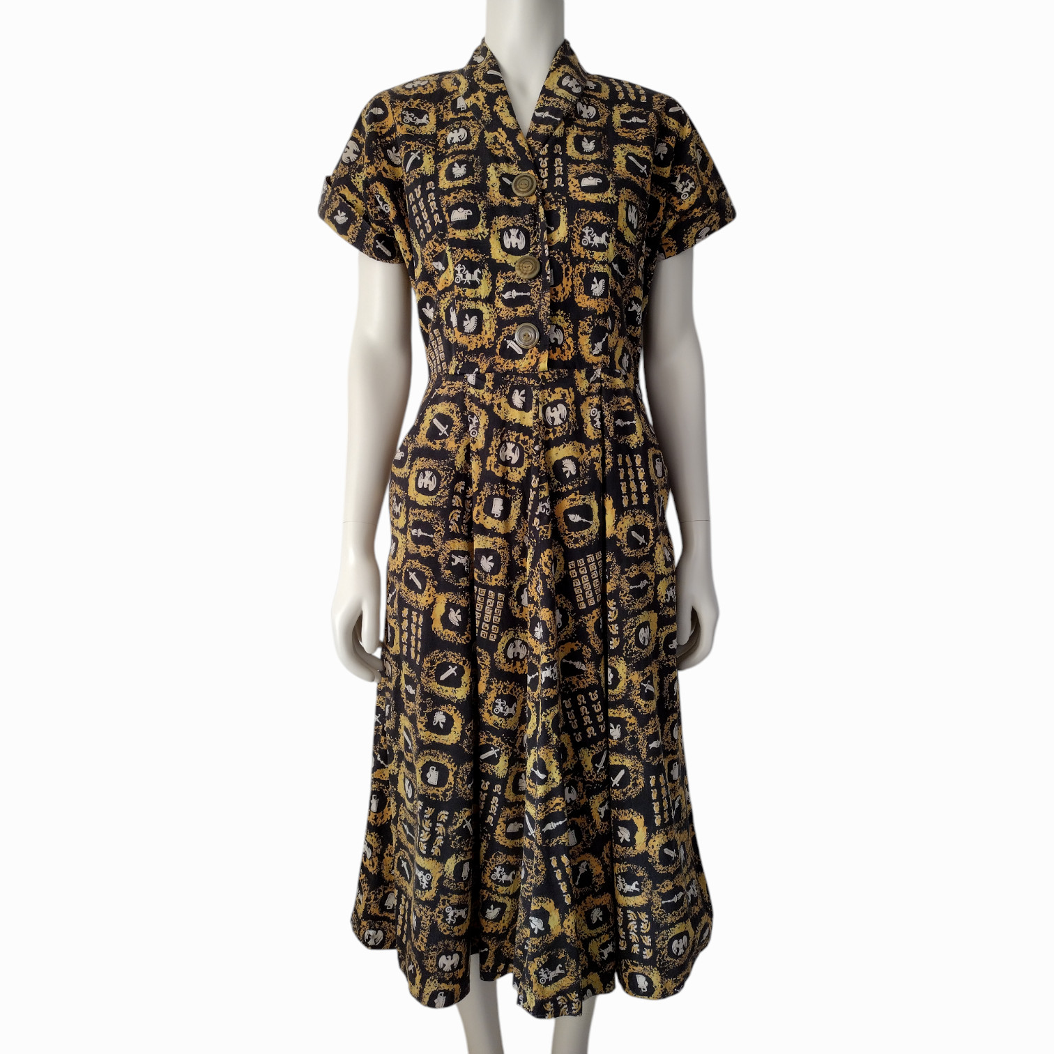 Vintage 1950s Black and Yellow Spartan Warrior Novelty Print Midi A Line Dress