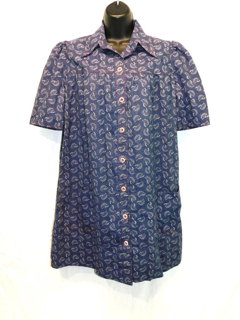 Vintage 70s XL Blue White Boat Print Tunic A Line Mini Shirt Dress Short Sleeve