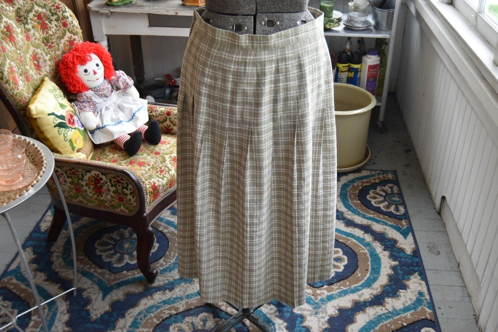 Vintage 80s Plaid Skirt Stanley Blacker Linen Blend Beige and White Size Large