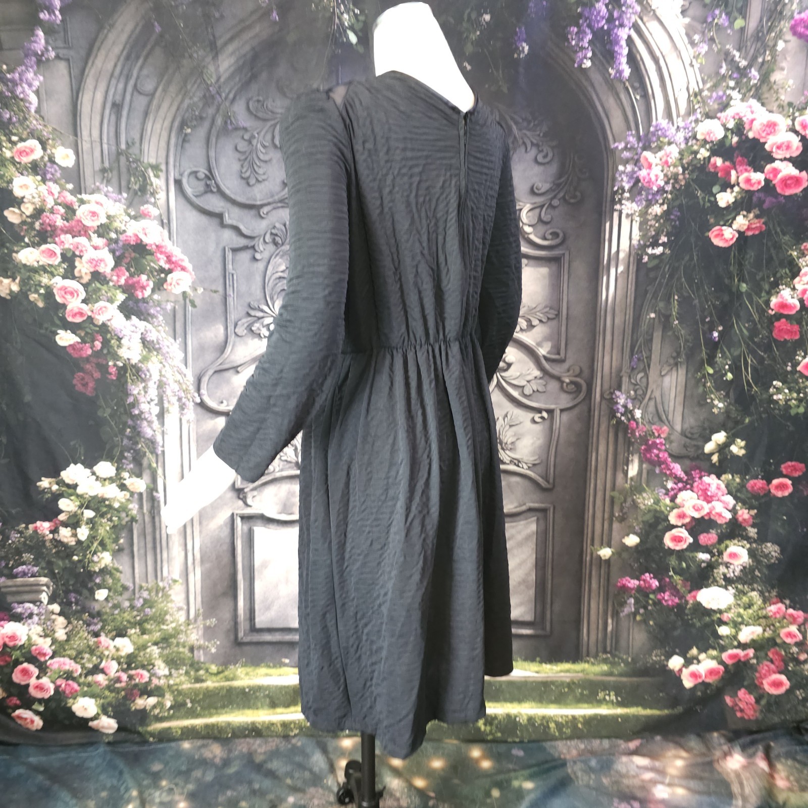 Vintage 1970s Black Dress Textured Fabric Satin Shoulders Long Sleeves
