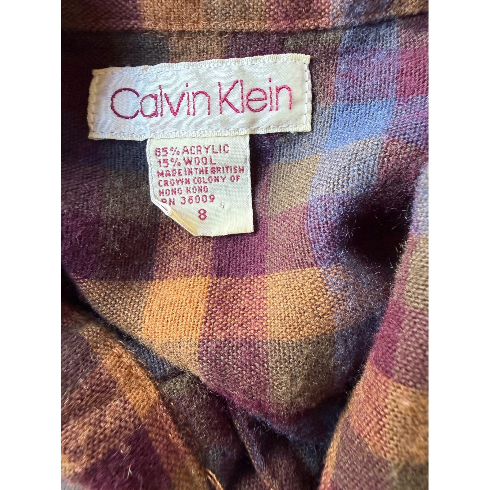 Vintage Calvin Klein Plaid Wool Blend Button Front Shirt Burgundy Gold Blue 8
