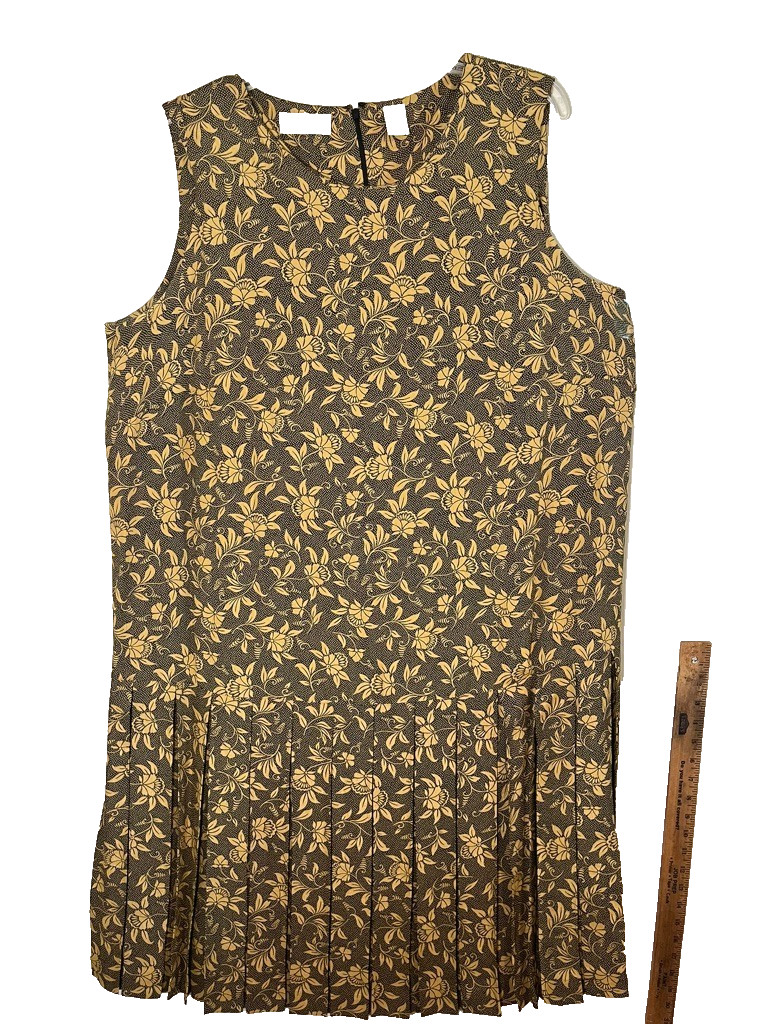 Vintage Floral Pleats Shift Dress 20 Yellow Retro Mod Boho Indie Preppy Chic 80s