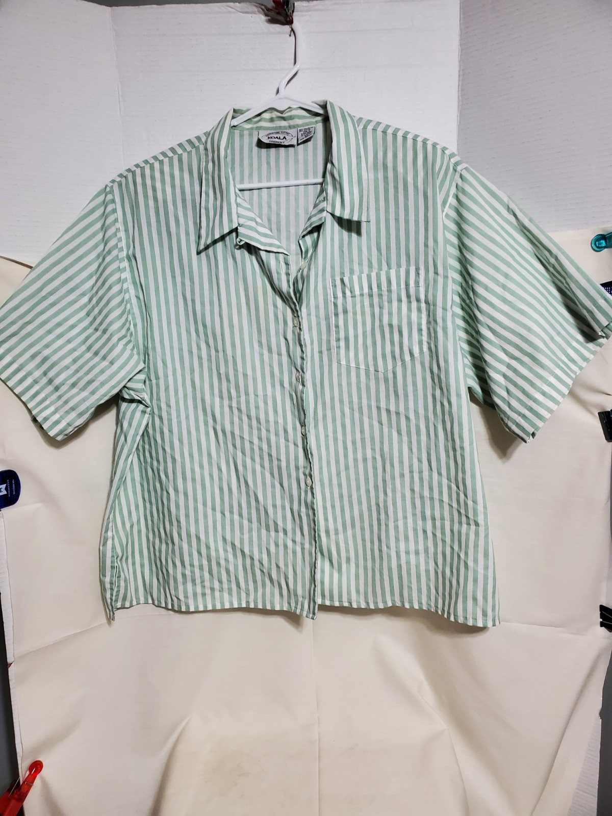 80s 90s Retro Womens 22 Green White Striped Button Up Pocket Shoulder Pads