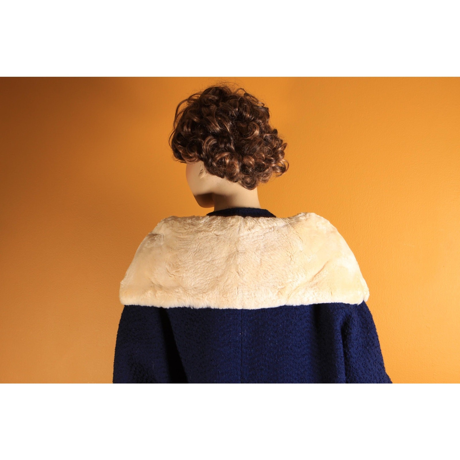 1950s Blue Long Sleeve Cream Sheared Chinchilla Fur Cuff Collar Coat by Adler’s